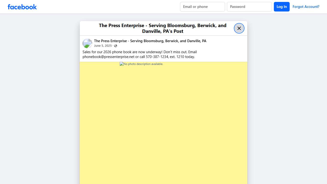 Sales for our 2026 phone book are now underway! Don't miss out. Email phonebook@pressenterprise.net or call 570-387-1234,... - The Press Enterprise - Serving Bloomsburg, Berwick, and Danville, PA Facebook